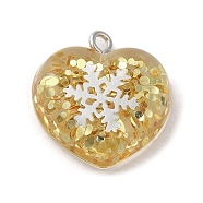 Acrylic Pendant, with Iron Findings, Glitter, Valentine Heart with Snowflake, Gold, 20.5x20x6.5mm, Hole: 2mm(OACR-H030-01C)