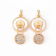 Brass Micro Pave Clear Cubic Zirconia Pendants, with Natural Shell, Nickel Free, Flat Round with Safety Pins, Real 18K Gold Plated, 23x10x4mm, Hole: 2mm(KK-T062-100G-NF)