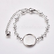304 Stainless Steel Bracelet Making, with Lobster Claw Clasps, Dolphin Link Chains and Flat Round Cabochon Settings, Stainless Steel Color, Tray: 16mm, 5-7/8 inch(14.8cm)(STAS-L248-003P)