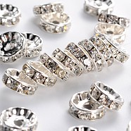 Brass Grade A Rhinestone Spacer Beads, Silver Color Plated, Nickel Free, Crystal, 10x4mm, Hole: 2mm(RSB039NF-01)