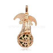 Golden Plated Brass Hollow Round Cage Pendants, with No Hole Spray Painted Brass Round Beads, Angel, Olive Drab, 44x29x20mm, Hole: 3x8mm(KK-J249-01G)