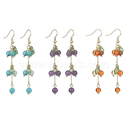 3 Pair 3 Style Natural Mixed Stone Beads & Acrylic Leaf Dangle Earrings, Real 18K Gold Plated Brass Tassel Earrings, 71x12mm, 1 Pair/style(EJEW-TA00269)