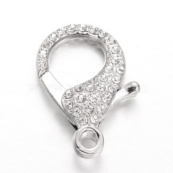 Alloy Rhinestone Lobster Claw Clasps, Crystal, Platinum, 31x22x7mm, Hole: 3mm(PALLOY-L166-01P)