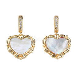 Brass Micro Pave Cubic Zirconia Pendants, with Natural Shell, Real 18K Gold Plated, Nickel Free, Heart, Creamy White, 32mm, Hole: 6.5mm(KK-N233-256)