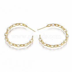 Brass Stud Earrings, Half Hoop Earrings, Nickel Free, Real 18K Gold Plated, 34x34x3.5mm, Pin: 0.7mm(X-KK-S350-063G)