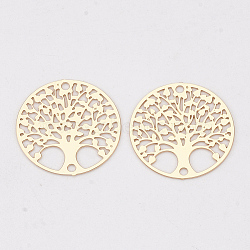 Brass Links connectors, Etched Metal Embellishments, Long-Lasting Plated, Flat Round with Tree of Life, Light Gold, 16x0.3mm, Hole: 1mm(X-KKC-S001-007KC)