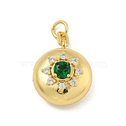 Brass Cubic Zirconia Locket Pendants, Photo Frame Charms, with Jump Ring, Real 18K Gold Plated, Green, Flat Round, 21.5x17.5x11mm, Hole: 4mm, Inner Diameter: 16mm(X-KK-N254-93D-G)