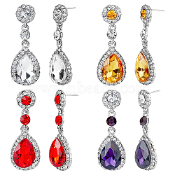 FIBLOOM 4 Pairs 4 Colors Glass Teardrop Dangle Stud Earrings, Silver Alloy Long Drop Earrings for Women, Mixed Color, 49.5~50x18mm, 1 pair/color(EJEW-FI0001-96)