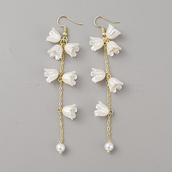 PP Plastic Imitation Pearl Flower Dangle Earrings, Alloy Chain Tassel Long Drop Earrings for Women, Light Gold, 102mm, Pin: 0.7mm(EJEW-WH0012-034)