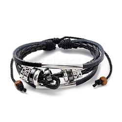Adjustable Casual Unisex Zinc Alloy and Braided Leather Multi-strand Bracelets, Black, 300mm(BJEW-BB15639-B)