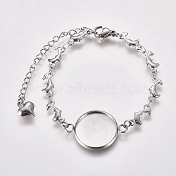 Tarnish Resistant 304 Stainless Steel Bracelet Making, with Lobster Claw Clasps, Dolphin Link Chains and Flat Round Cabochon Settings, Stainless Steel Color, Tray: 16mm, 5-7/8 inch(14.8cm)(STAS-L248-003P)