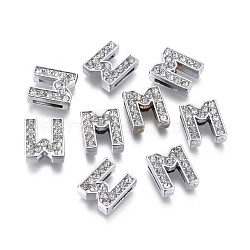 Alloy Initial Slide Charms with Grade A Rhinestones, Lead Free & Nickel Free, Platinum, Letter.M, 12~13x8~13x4~5mm, Hole: 8x2mm(ALRI-R032-M-FF)