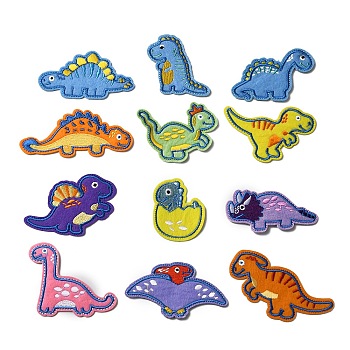 Dinosaur Theme Computerized Embroidery Appliques, Cloth Iron On/Sew On Patches, Costume Accessories, Mixed Color, 41~71x48~102x1.5mm, 12pcs/set