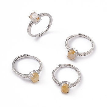 Oval Natural Rutilated Quartz Adjustable Rings, Platinum Tone Brass Finger Rings for Women, 2.5mm, Inner Diameter: 18mm