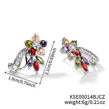 Elegant Brass Rhinestone Leaf Stud Earrings, with Delicate Design and Sparkling Details, Platinum, Colorful, 21x19mm