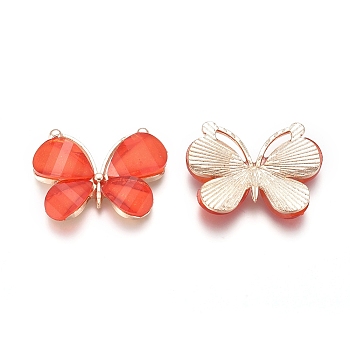 Light Gold Plated Alloy Glass Pendants, Butterfly, Orange Red, 21.8x28x4.5mm, Hole: 1.5x10mm