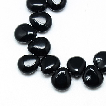 Natural Black Stone Beads Strands, Top Drilled Beads, Teardrop, 12x9~10x5~6mm, Hole: 1mm, about 33pcs/strand, 9.84 inch