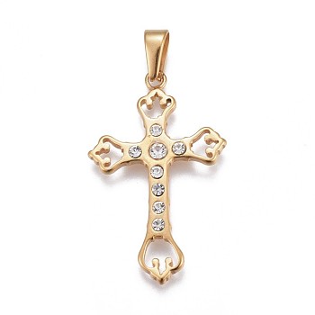 304 Stainless Steel Pendants, with Rhinestone, Cross, Crystal, Golden, 46.5x29x3.5mm, Hole: 3~3.5x8mm