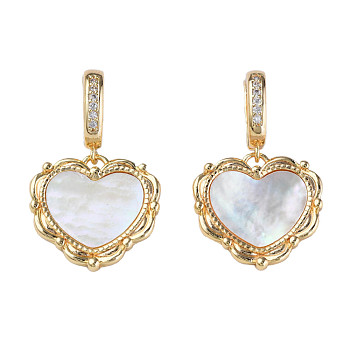 Brass Micro Pave Cubic Zirconia Pendants, with Natural Shell, Real 18K Gold Plated, Nickel Free, Heart, Creamy White, 32mm, Hole: 6.5mm