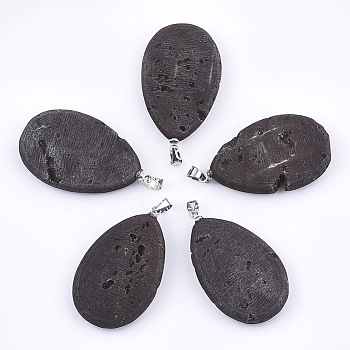 Electroplate Natural Druzy Agate Pendants, with Brass Findings, teardrop, Platinum, Black, 36~38x20~22x6~8mm, Hole: 3.5x4.5mm