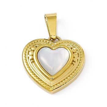 Natural Shell Pendants, Heart Charms, with Vacuum Plating 304 Stainless Steel Findings, Golden, 15x15x4mm, Hole: 6x3mm