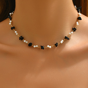 Fashionable Natural Black Agate Bead Collar Necklace for Women's Daily Wear and Parties, 15.75 inch(40cm)