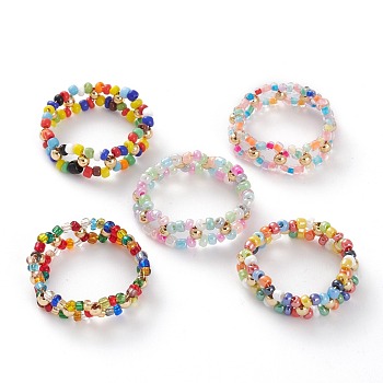 Round Mixed Style Glass Seed Beaded Finger Rings, with Golden Plated Brass Beads, Mixed Color, US Size 14 1/4(23.2mm)