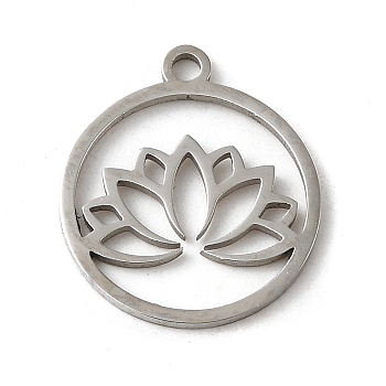 201 Stainless Steel Pendants, Laser Cut, Flat Round with Lotus, Stainless Steel Color, 17x15x1mm, Hole: 1.5mm