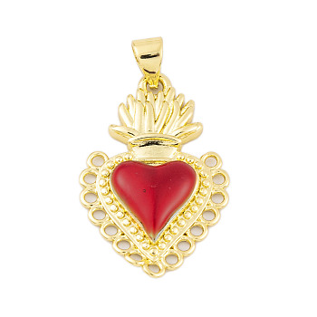 Rack Plating Brass Enamel Pendants, Cadmium Free & Lead Free, Long-Lasting Plated, Real 18K Gold Plated, Sacred Heart Charm, Red, 26.5x17x3.5mm, Hole: 3.5x3mm