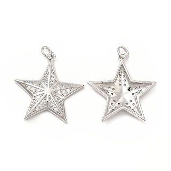 Brass Micro Pave Cubic Zirconia Pendants, with Jump Ring, Star Charm, Platinum, 24.5x23x3.3mm, Hole: 2.5mm