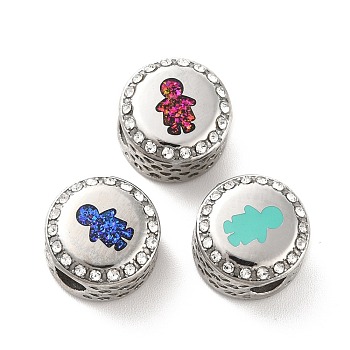 304 Stainless Steel European Beads, with Enamel & Rhinestone, Large Hole Beads, Stainless Steel Color, Flat Round with Human, Mixed Color, 12x8mm, Hole: 4mm