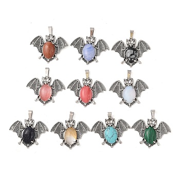 Synthetic Mixed Gemstone Pendants, with Antique Silver Tone Alloy Findings, Bat Charms, 32.5x41.5x6.5mm, Hole: 8.5x4.2mm