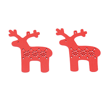 Christmas Theme Spray Painted Wood Big Pendants, Reindeer/Stag Charm with Hollow Snowflake, Red, 73x70x2mm, Hole: 3mm