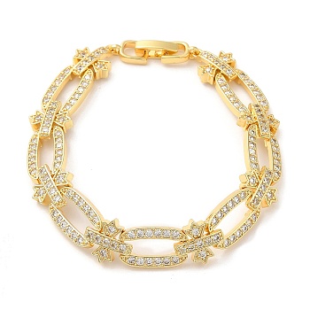 Cubic Zirconia Oval & Cross Link Chain Bracelet, Brass Bracelet, Lead Free & Cadmium Free, Real 18K Gold Plated, 7-1/8 inch(18cm)
