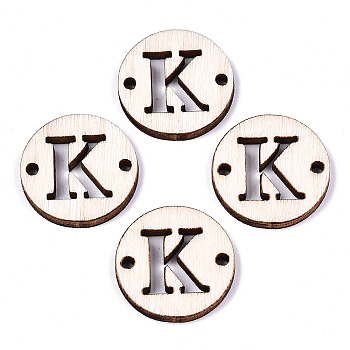 Unfinished Natural Poplar Wood Links Connectors, Laser Cut, Flat Round with Word, Letter.K, 19.5x2.5mm, Hole: 2mm