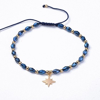 Electroplate Glass Braided Beads Bracelets, with Nylon Thread and Brass Pendants, Star, Royal Blue, 2-1/8 inch~3-1/8 inch(5.5~8cm)
