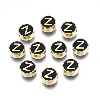 Alloy Enamel Beads, Cadmium Free & Lead Free, Light Gold, Flat Round with Alphabet, Black, Letter.Z, 8x4mm, Hole: 1.5mm