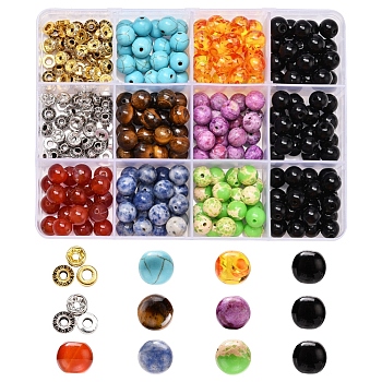 DIY Round Mixed Stone Beads Bracelet Making Kit, Including Natural & Synthetic Mixed Stone Beads, Resin Beads, Brass Rhinestone & Alloy Spacer Bead, Elastic Thread, Mixed Color, Stone Beads: 180pcs/set