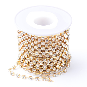 Brass Rhinestone Strass Chains, with Spool, Rhinestone Cup Chains, Raw(Unplated), Nickel Free, Crystal, 3.5mm, about 10yards/roll