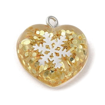 Acrylic Pendant, with Iron Findings, Glitter, Valentine Heart with Snowflake, Gold, 20.5x20x6.5mm, Hole: 2mm