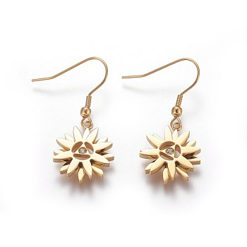 304 Stainless Steel Dangle Earrings, with Cubic Zirconia, Flower, Golden, 40mm, Pin: 0.8mm