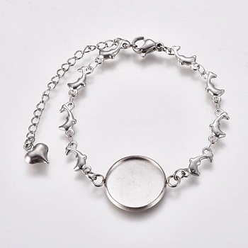 304 Stainless Steel Bracelet Making, with Lobster Claw Clasps, Dolphin Link Chains and Flat Round Cabochon Settings, Stainless Steel Color, Tray: 16mm, 5-7/8 inch(14.8cm)