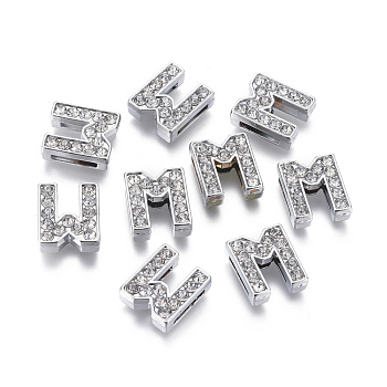 Alloy Initial Slide Charms with Grade A Rhinestones, Lead Free & Nickel Free, Platinum, Letter.M, 12~13x8~13x4~5mm, Hole: 8x2mm