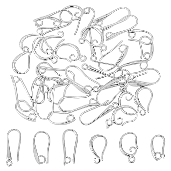 36Pcs 6 Style Brass Earring Hooks, with Horizontal Loop, Ear Wire, Platinum, 13.5~21x5.5~12x1.5~10.5mm, Hole: 1.5~2.5mm, Pin: 0.8~1mm, 6pcs/style