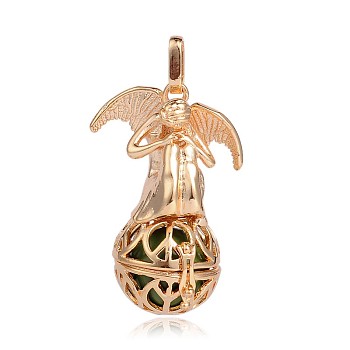 Golden Plated Brass Hollow Round Cage Pendants, with No Hole Spray Painted Brass Round Beads, Angel, Olive Drab, 44x29x20mm, Hole: 3x8mm