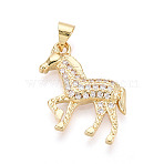 Brass Micro Pave Clear Cubic Zirconia Pendants, Horse Charms, Real 18K Gold Plated, 19.5x20x3mm, Hole: 3.5x5mm(KK-T080-11G)