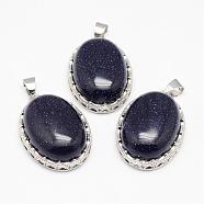 Blue Goldstone Pendants, with Brass Findings, Oval, Platinum, 30x21x10~11mm, Hole: 6x4mm(G-D851-36)