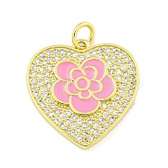 Rack Plating Heart with Flower Brass Micro Pave Clear Cubic Zirconia, with Enamel Pendants, Cadmium Free & Lead Free, Real 18K Gold Plated, Long-Lasting Plated, with Jump Ring, Hot Pink, 20.3x19.7x2.3mm, Hole: 3.5mm(KK-Z053-23G-02)