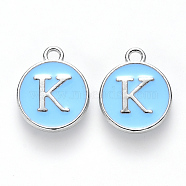 Platinum Plated Alloy Enamel Charms, Cadmium Free & Lead Free, Enamelled Sequins, Flat Round with Letter, Sky Blue, Letter.K, 14x12x2mm, Hole: 1.5mm(ENAM-S118-04K-P)