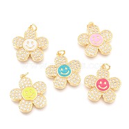 Brass Micro Pave Clear Cubic Zirconia Pendants, with Enamel and Jump Rings, Long-Lasting Plated, Flower with Smiling Face, Real 18K Gold Plated, Mixed Color, 24x22x3mm, Hole: 3mm(KK-I683-05)